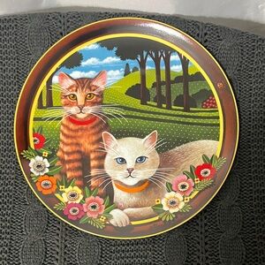 Charming Feline Art Plate with Floral Accents 10”